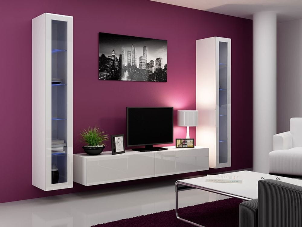 Veneti Obývacia stena s LED RGB osvetlením ASHTON 5 - biela / lesklá biela